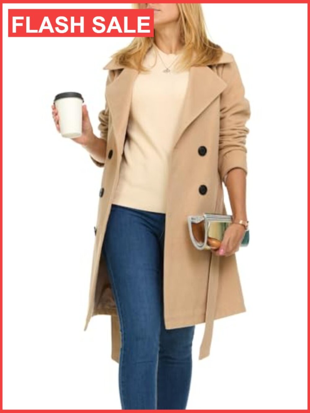 Double-Breasted Faux Wool Trench Coat - Long Winter Coat - Picture 4 of 7